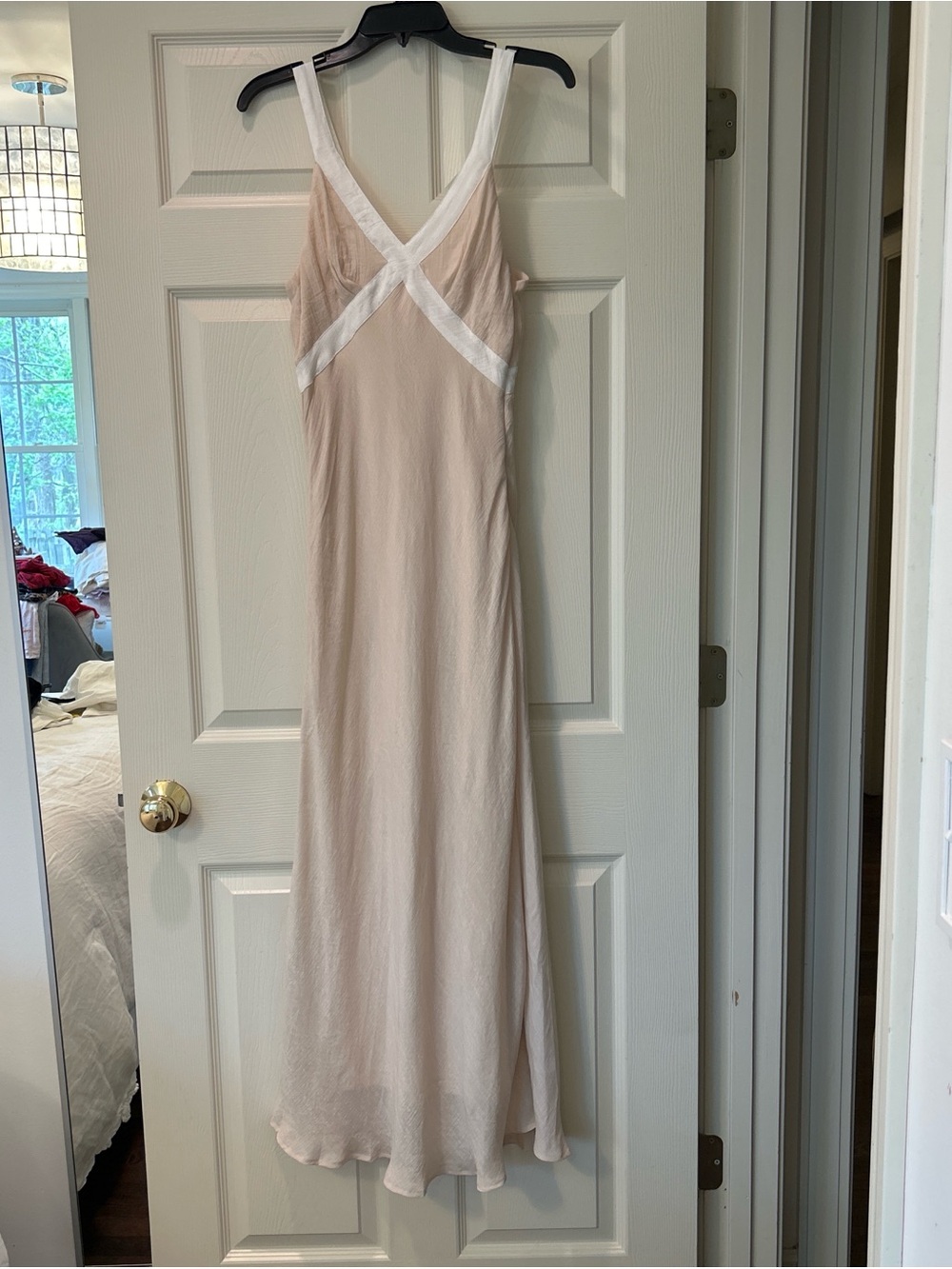 Fortunateone Silky Light Blush Slip Dress with White Trim